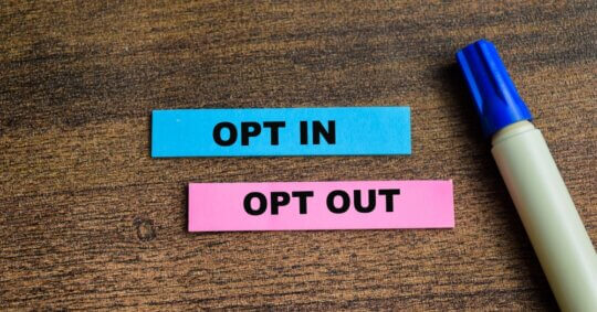 opt out and opt in on blue and pink papers on wooden table