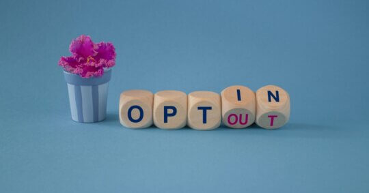 turned wooden cubes and changed concept words opt out to opt in with flower pot and blue background