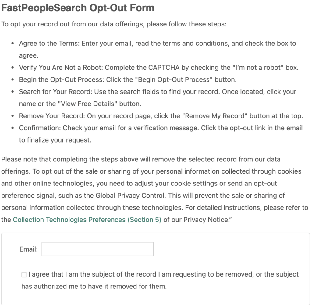 FastPeopleSearch Opt-Out Form.