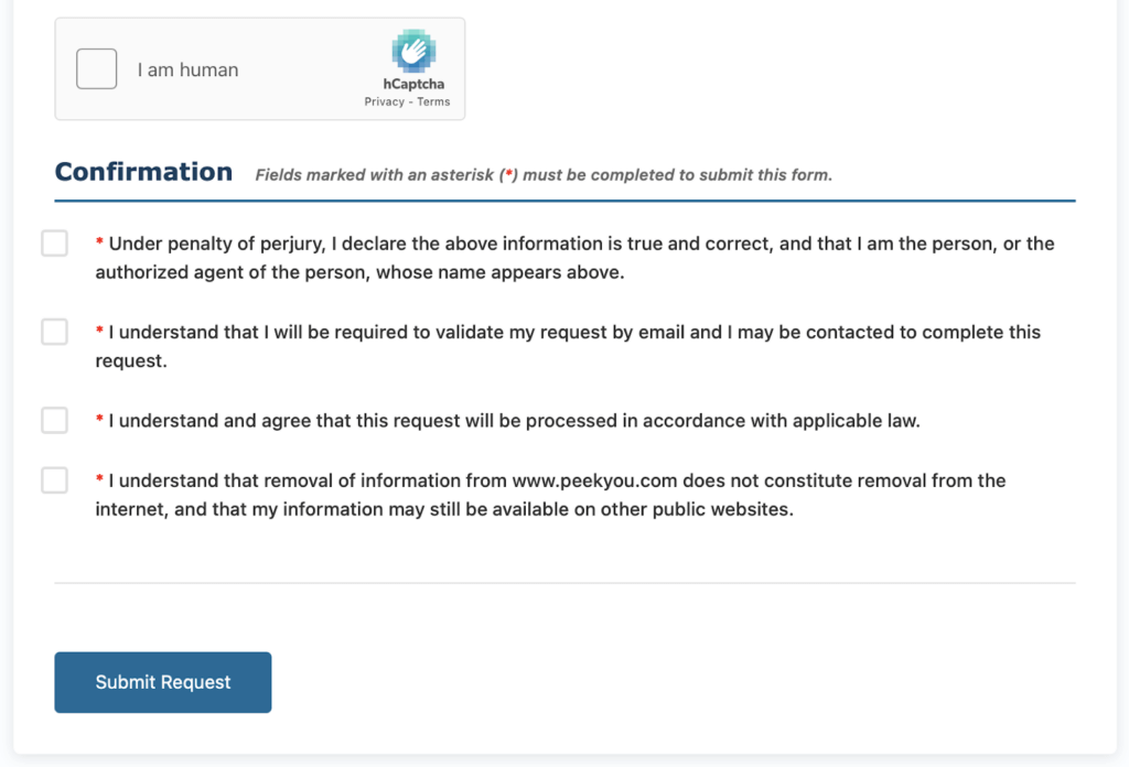 PeekYou opt-out confirmation form.