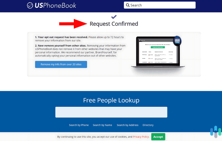 screenshot of usphonebook's opt out received screen
