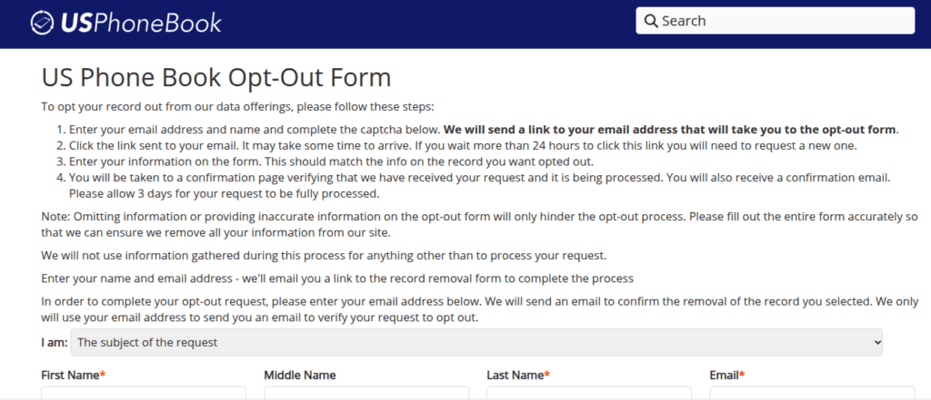 Screenshot of the top portion of USPhoneBook's opt out form.