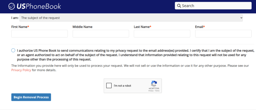 Screenshot of the bottom portion of USPhoneBook's opt out form, where you fill in your name and email and click the captcha.