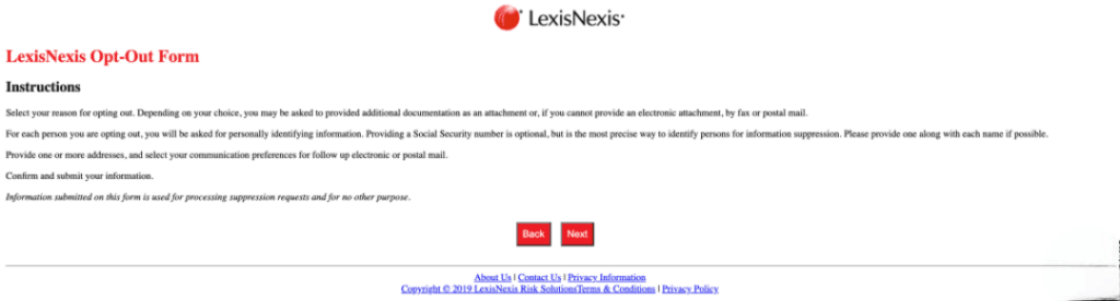 instructions for the LexisNexis Opt Out Form.