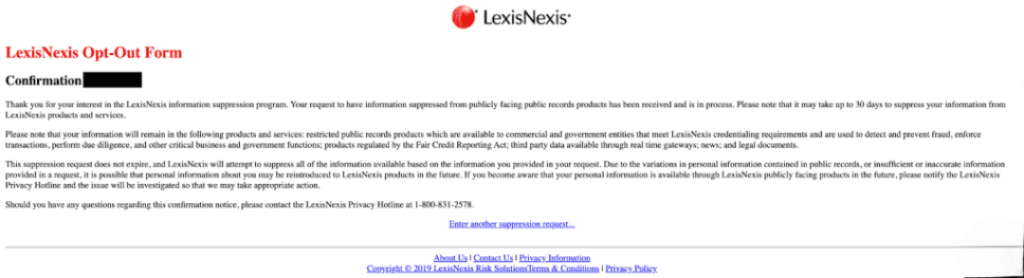 A LexusNexis opt-out form confirmation.