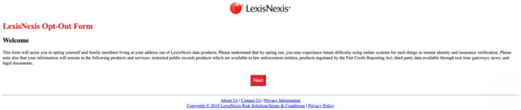 An image of the LexisNexis Opt Out Form Welcome Page.