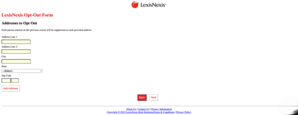 LexisNexis Address to Opt Out Form.