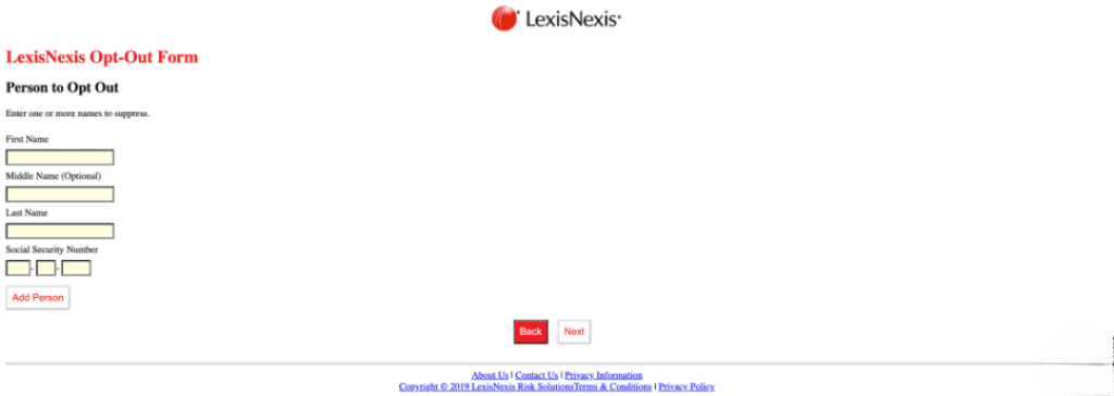 LexisNexis Person to Opt Out Form.