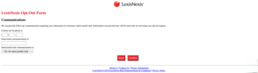 LexisNexis opt out communications form.