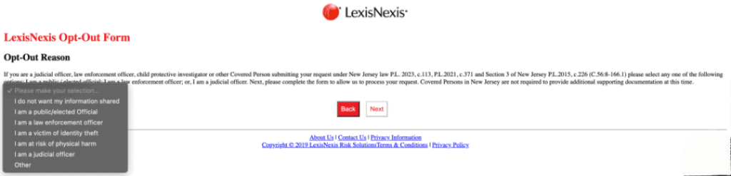 The LexisNexis Opt Out Form.