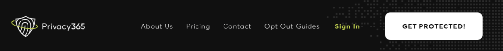 Privacy365 website header including button that says get protected. 