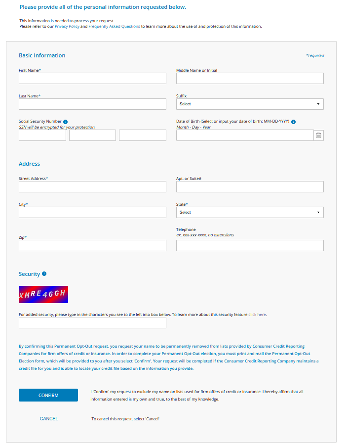 An opt-out form with a lot of fields to fill out.