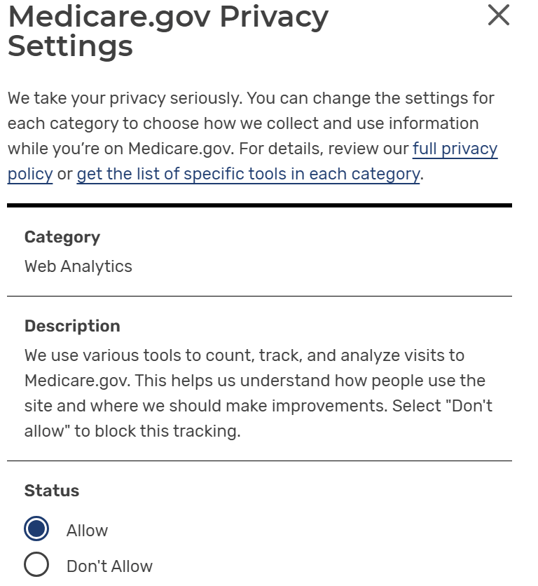 The medicare.gov privacy settings page.