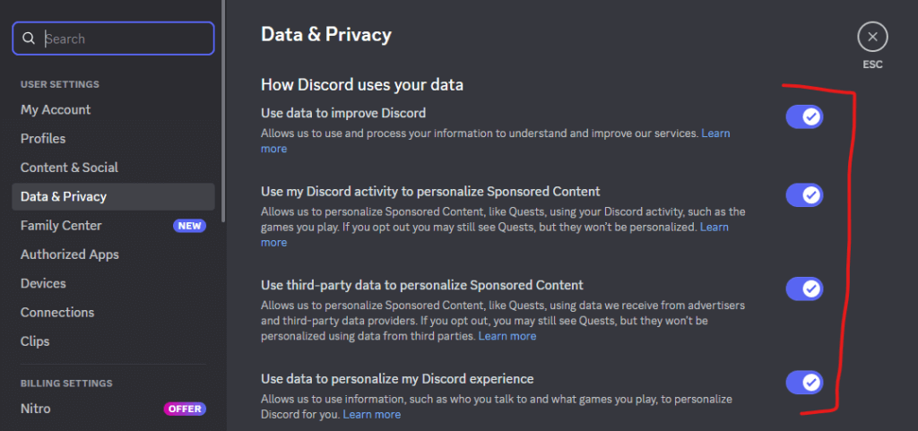A screenshot of the data and privacy section on Discord.