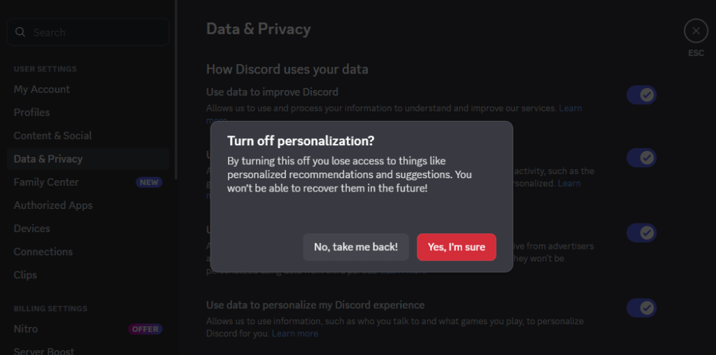 A screenshot of the data and privacy section on Discord with the "Turn off personalization?" box highlighted.