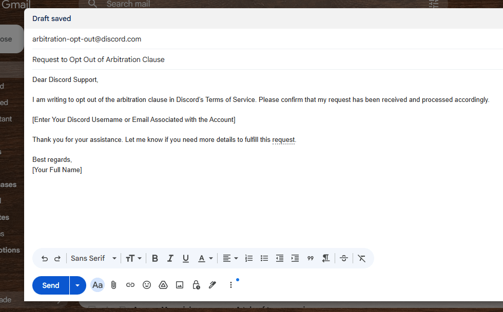 A screenshot of an email sent to Discord's support team.