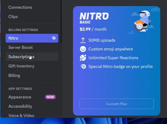 A screenshot of the Nitro Billing section of Discord's settings.