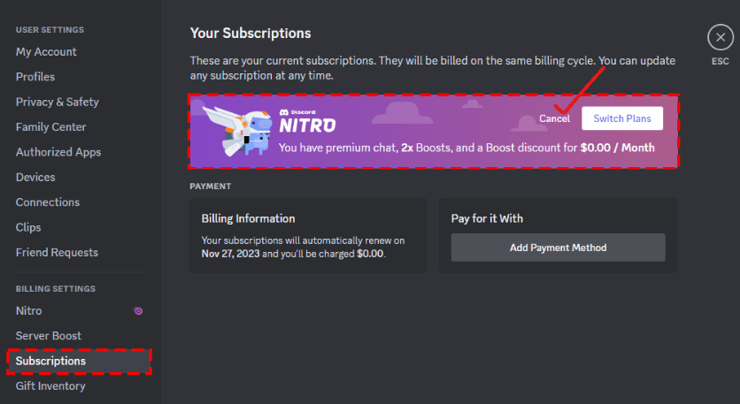 A screenshot of the "Your subscriptions portion of Discord."
