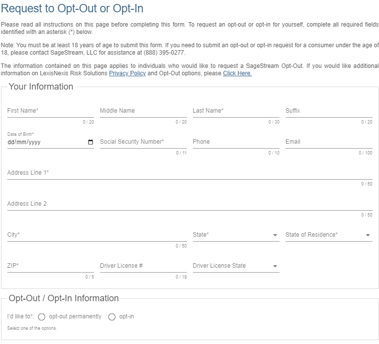 A screenshot of the SageStream Opt-Out Form.