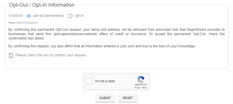 A screenshot of a user proceeding with SageStream's opt-out program.