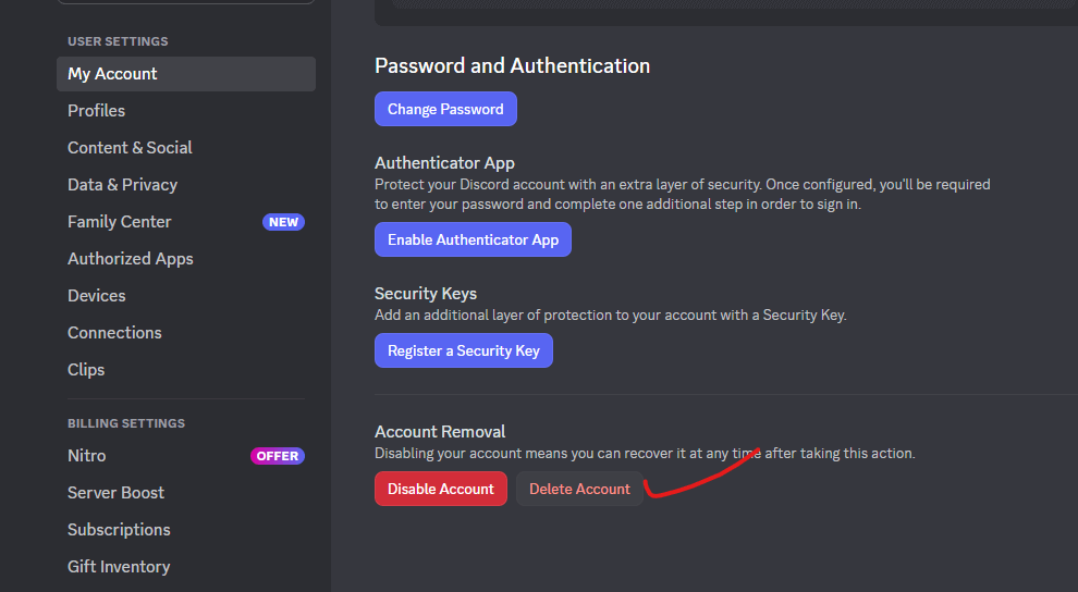 A screenshot that shows users how to remove their personal data on Discord.