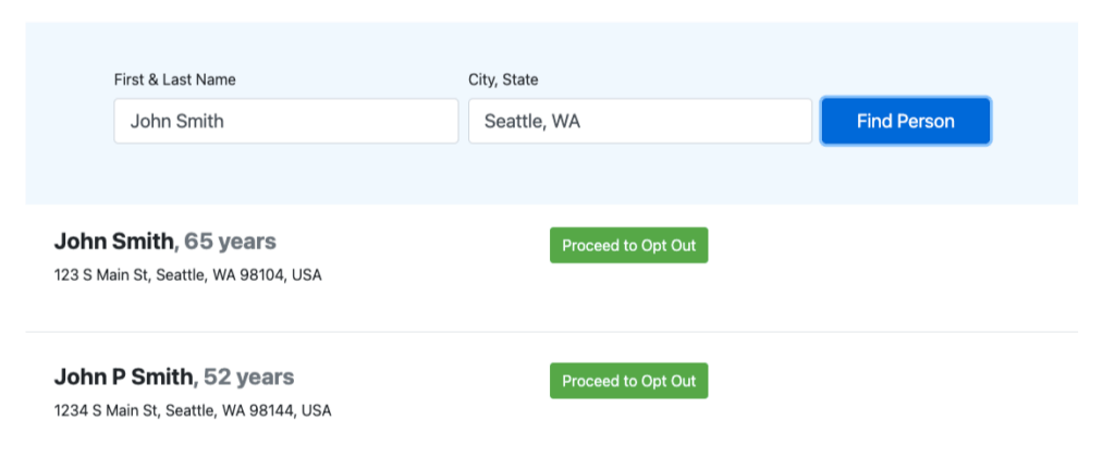 The results page of a ClustrMaps opt-out search.