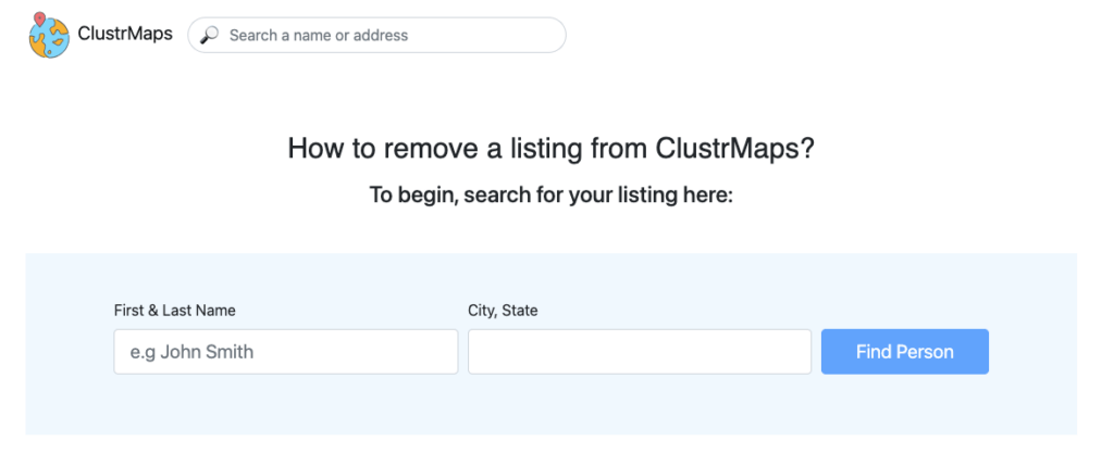 ClustrMaps opt-out form with a space for someone's first and last name.
