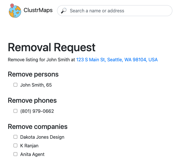 A screenshot of ClustrMaps confirmation of information removal request form.
