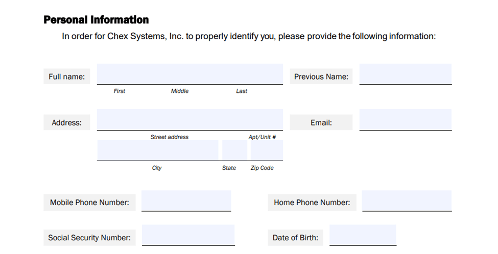 A form with personal information boxes for the ChexSystems mailing form.