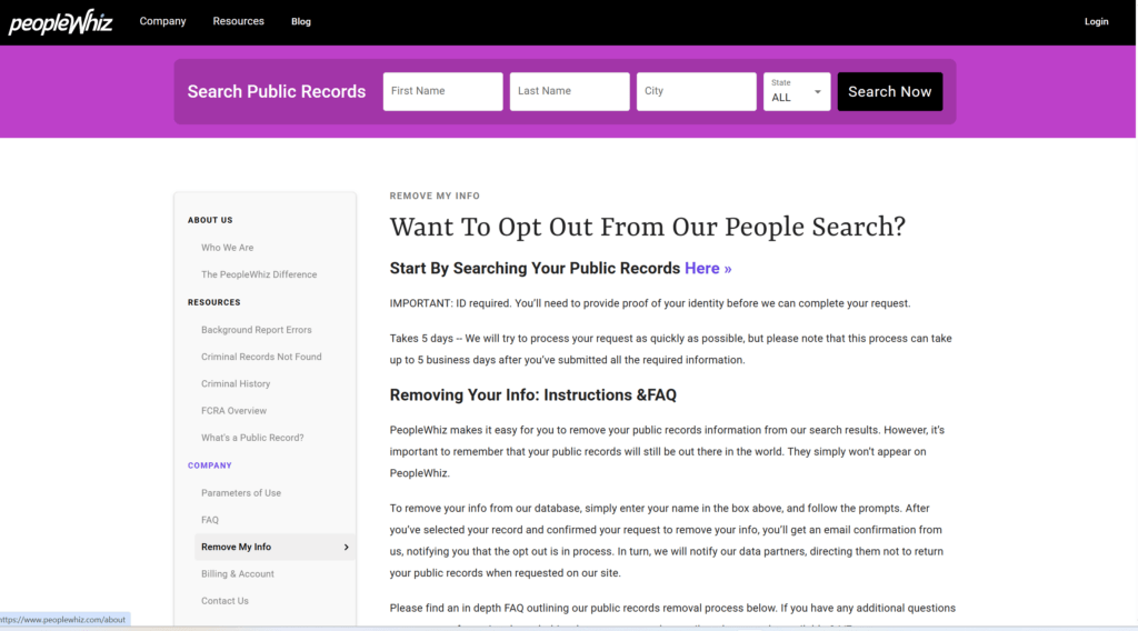PeopleWhiz opt out form.