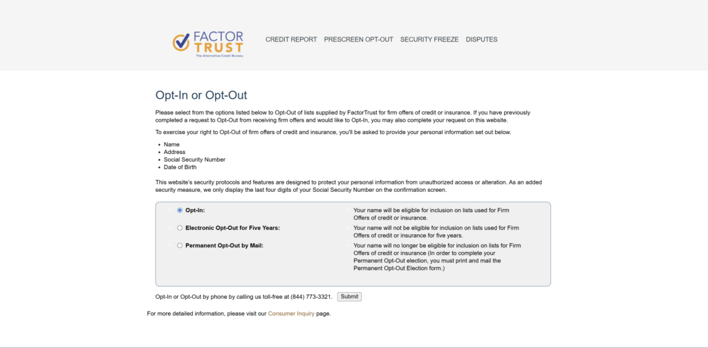 A screenshot of the FactorTrust Opt Out page.