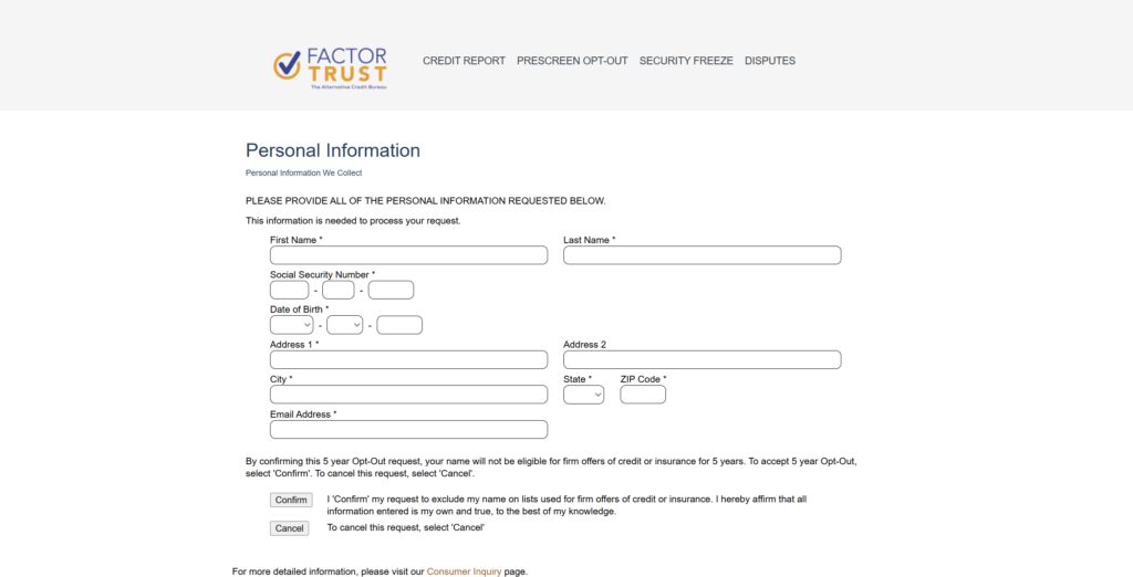 A screenshot of the information needed to opt out of FactorTrust.