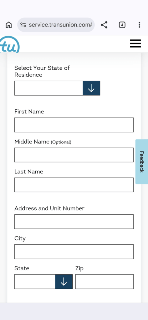 The fields to enter your information for the TransUnion opt out process.