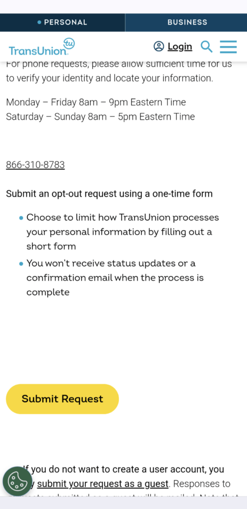 An image of TransUnion's opt out page.