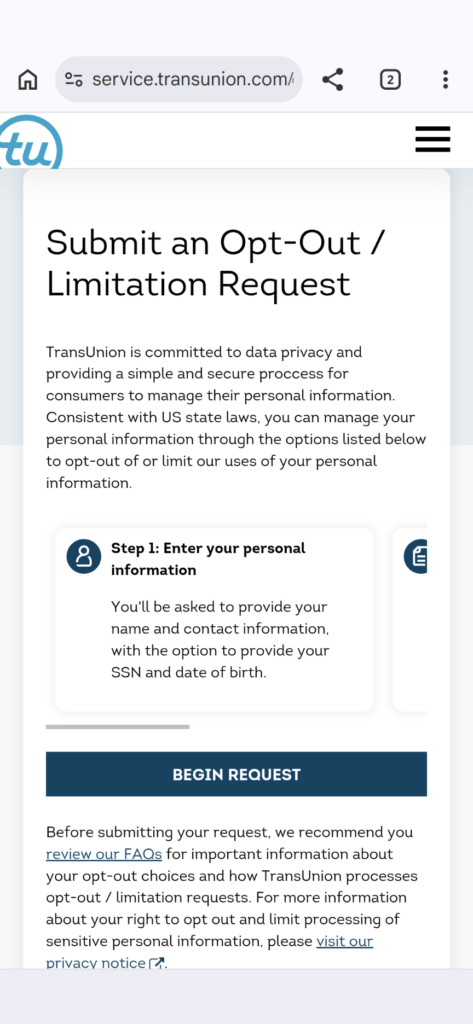 An image of TransUnion's opt out information.