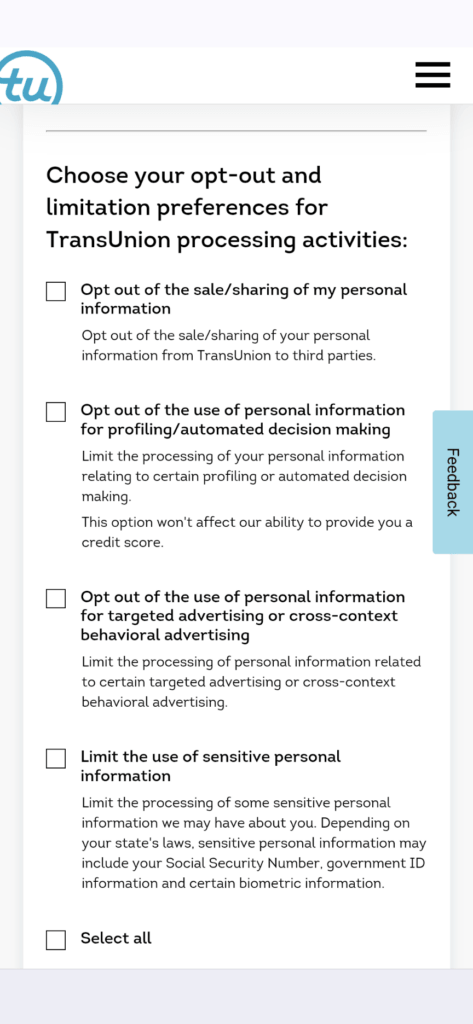 The fields that users can check off to determine which parts of TransUnion to opt out of.
