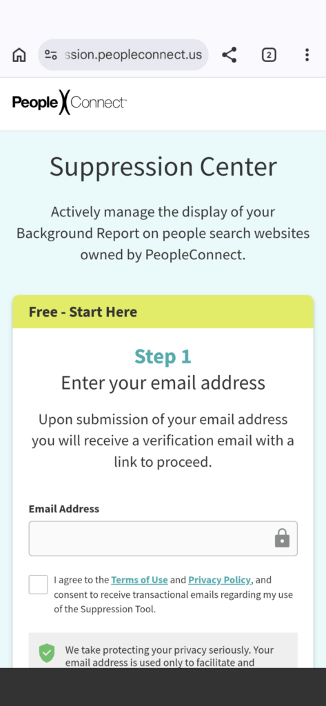 A suppression center screenshot for PeopleConnect.