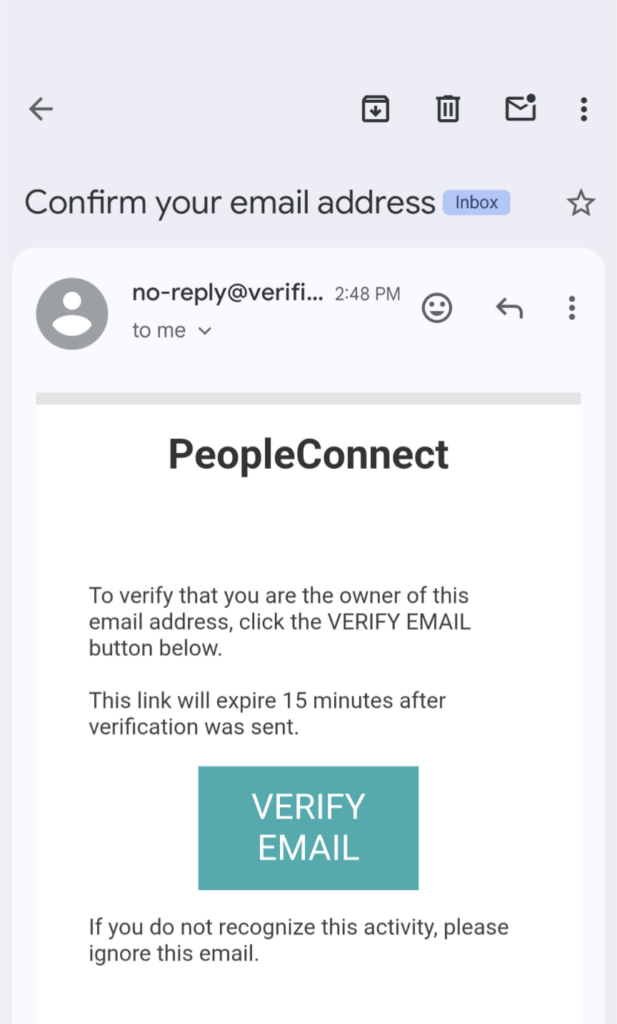 A screenshot of a PeopleConnect verification email.