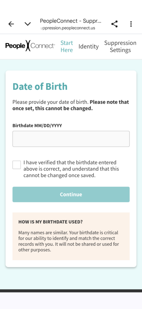 A user providing their date of birth to opt out of PeopleConnect.
