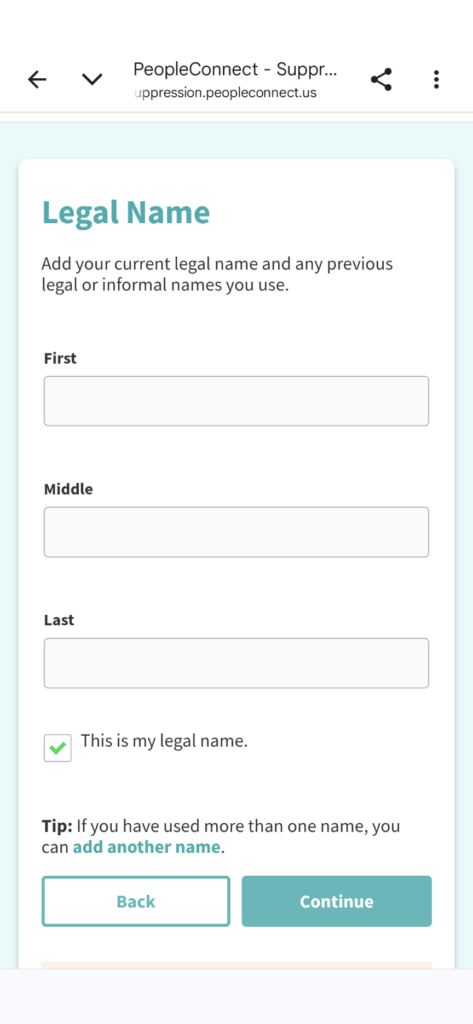 A user providing their first and last name for PeopleConnect.